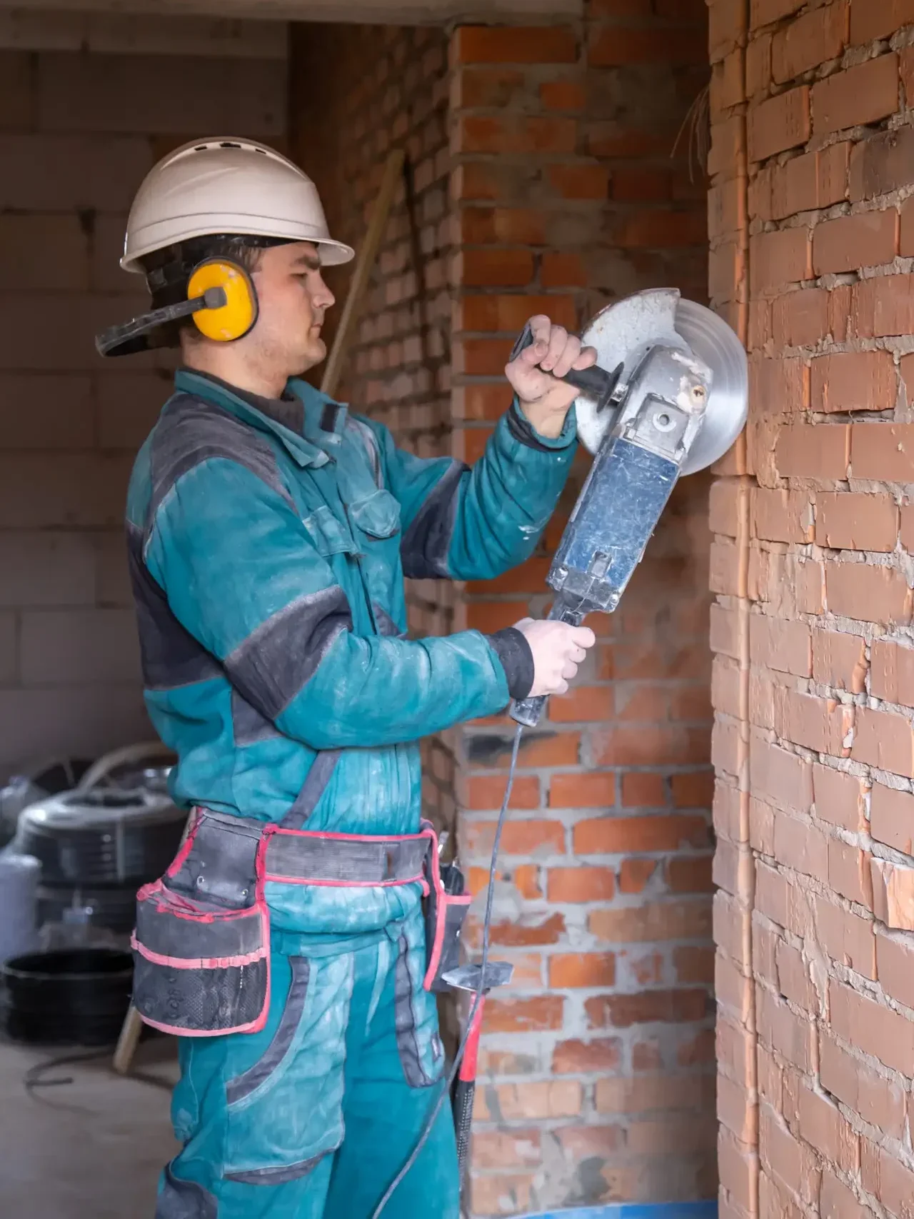 a professional builder in work clothes works with a cutting tool.